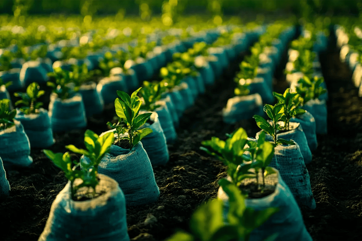 How Does the Carbon Market Function_Rows of green tree seedlings in fabric soil bags neatly arranged in a tree nursery_visual 1