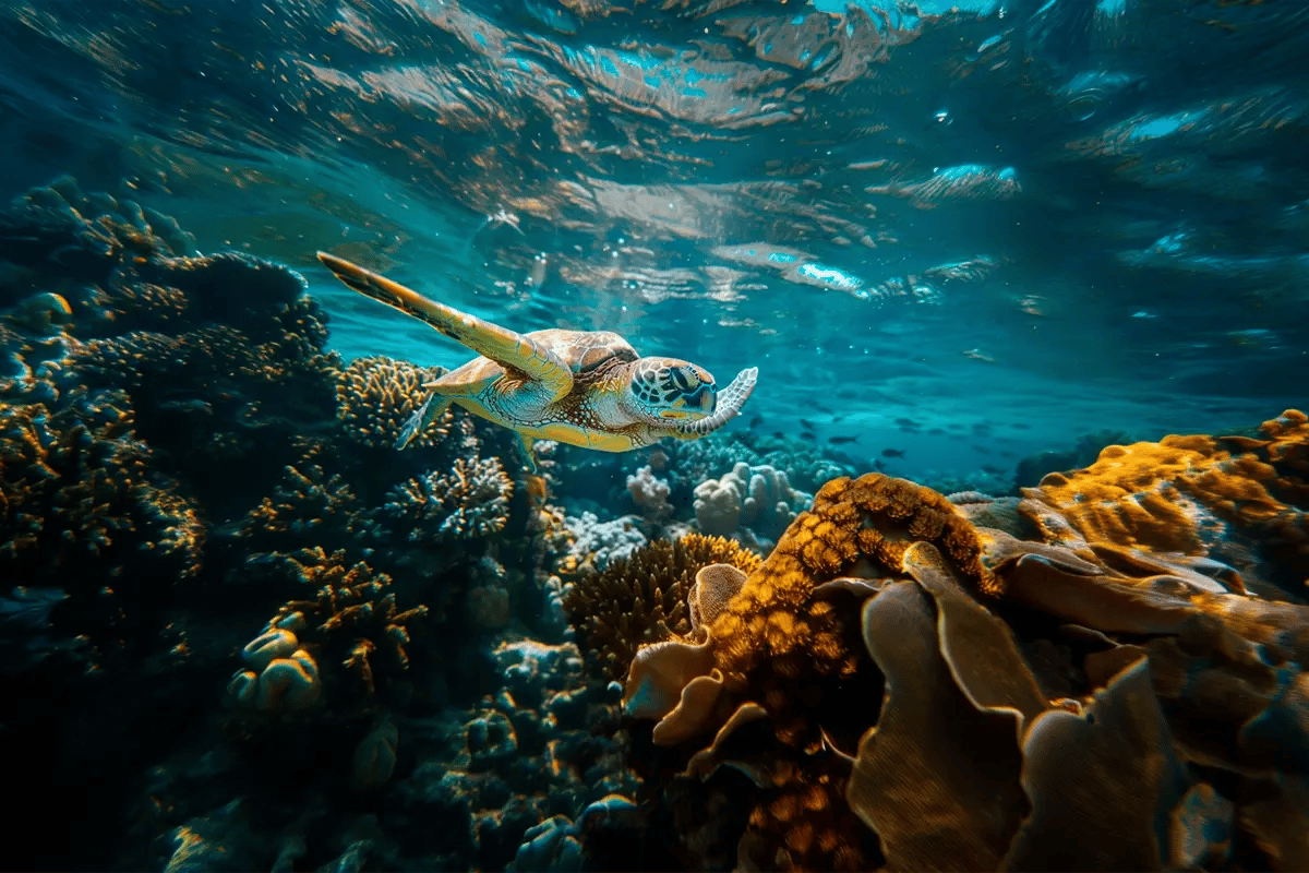 Nature-based Solutions Leveraging Ecosystems for Carbon Mitigation and Beyond_A turtle swimming among coral reefs in the ocean_visual 6