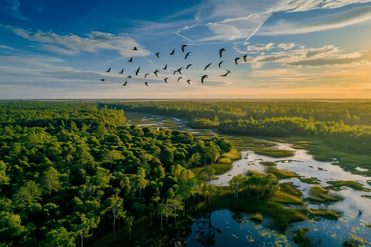 Nature-based Solutions Leveraging Ecosystems for Carbon Mitigation and Beyond_Aerial view of a forest bordering wetlands_visual 1